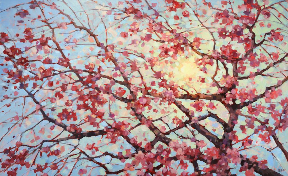 Painting of cherry blossoms with a sunlit sky
