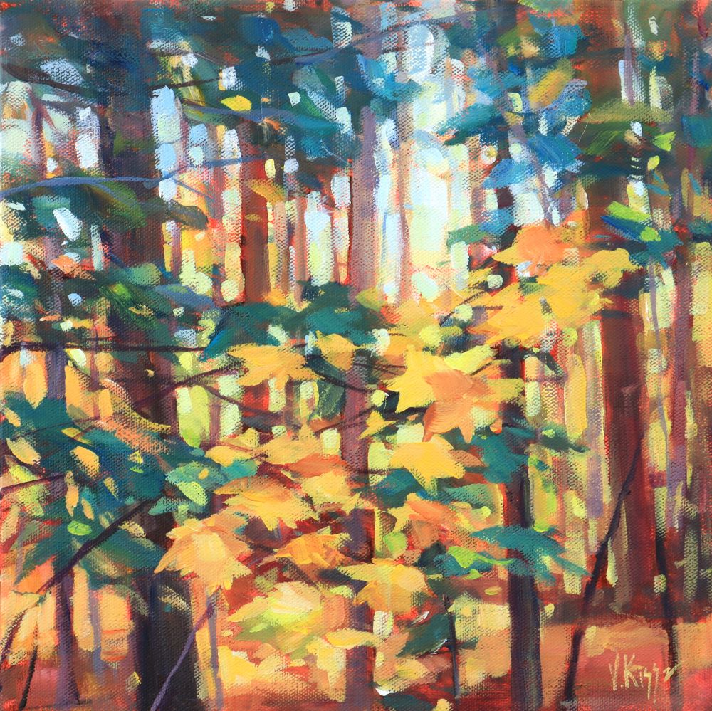 Colorful painting of a forest with autumn foliage