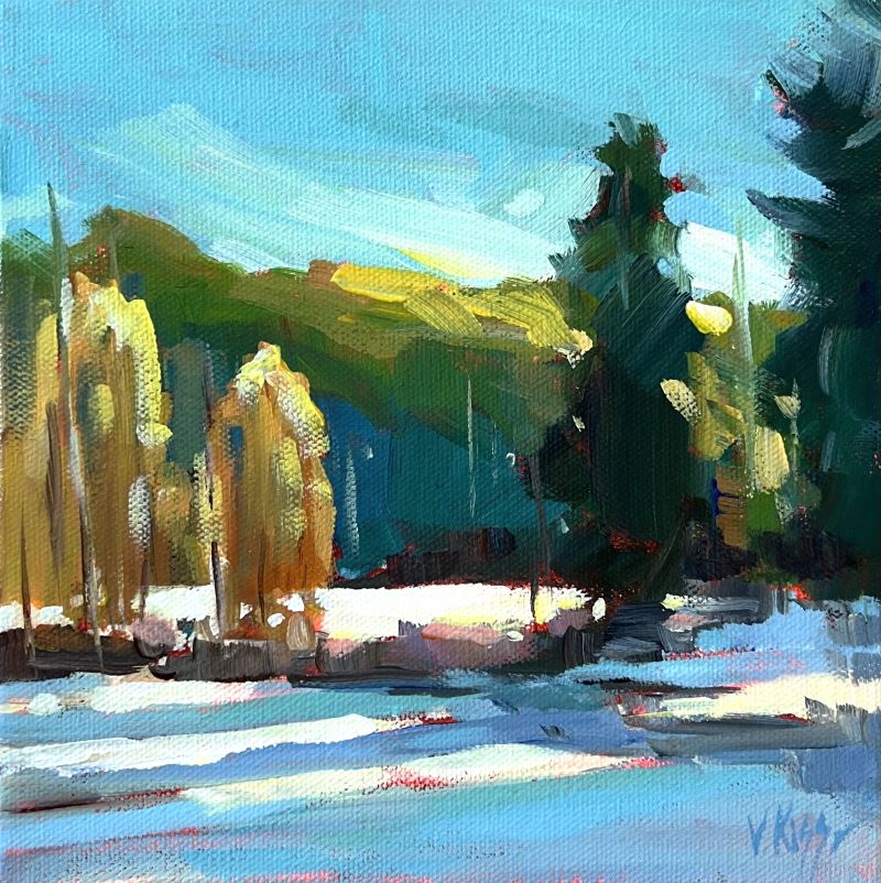 Painting of a snowy landscape with trees and a clear sky