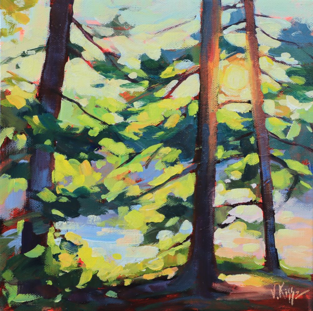 Colorful painting of a forest scene with sunlight filtering through the trees.