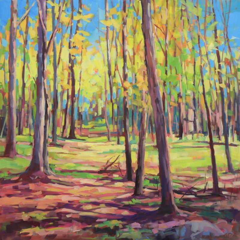 Colorful forest painting with trees and sunlight filtering through the leaves.