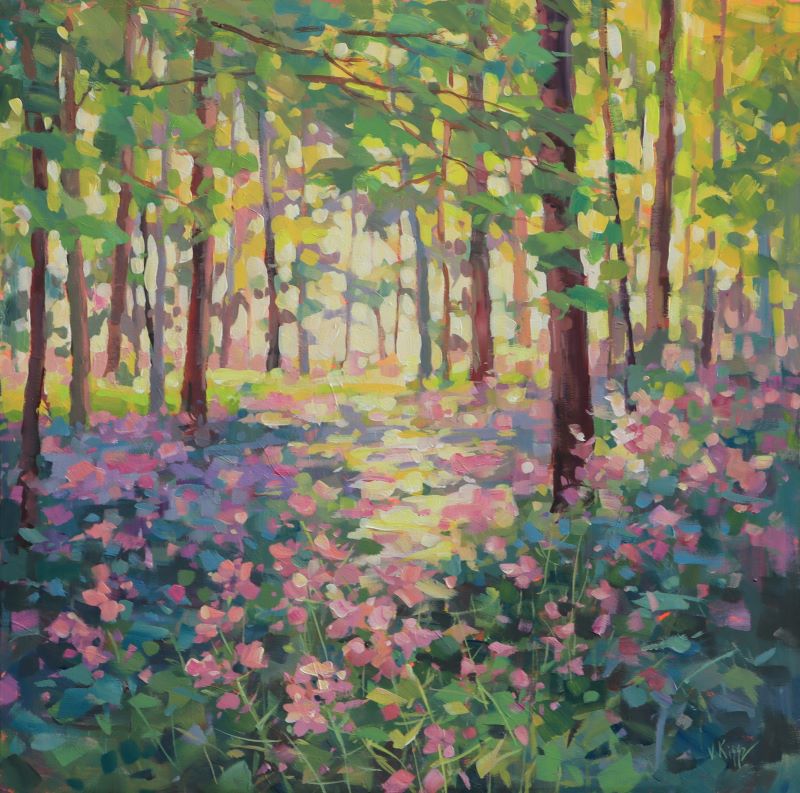 Colorful painting of a forest with pink flowers and green trees