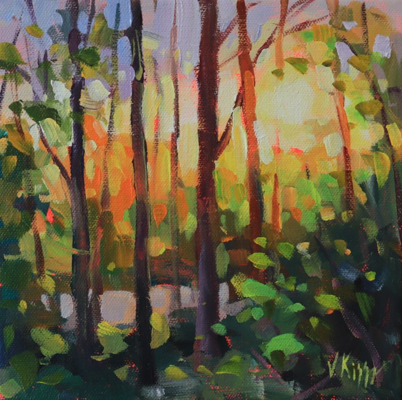 Colorful abstract painting of a forest scene with trees and foliage.