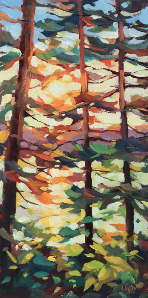 Colorful abstract painting of a forest scene with trees and foliage.