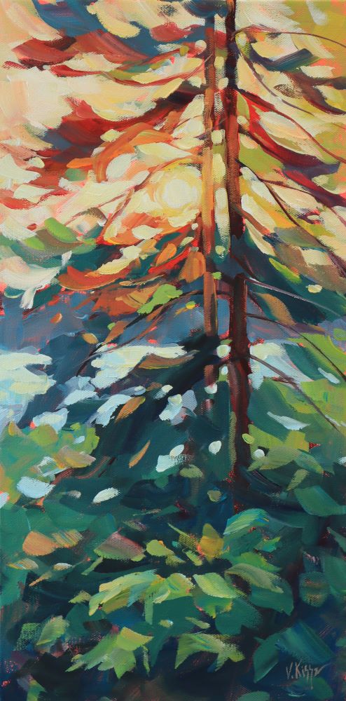 Colorful abstract painting of a forest scene with trees and foliage.