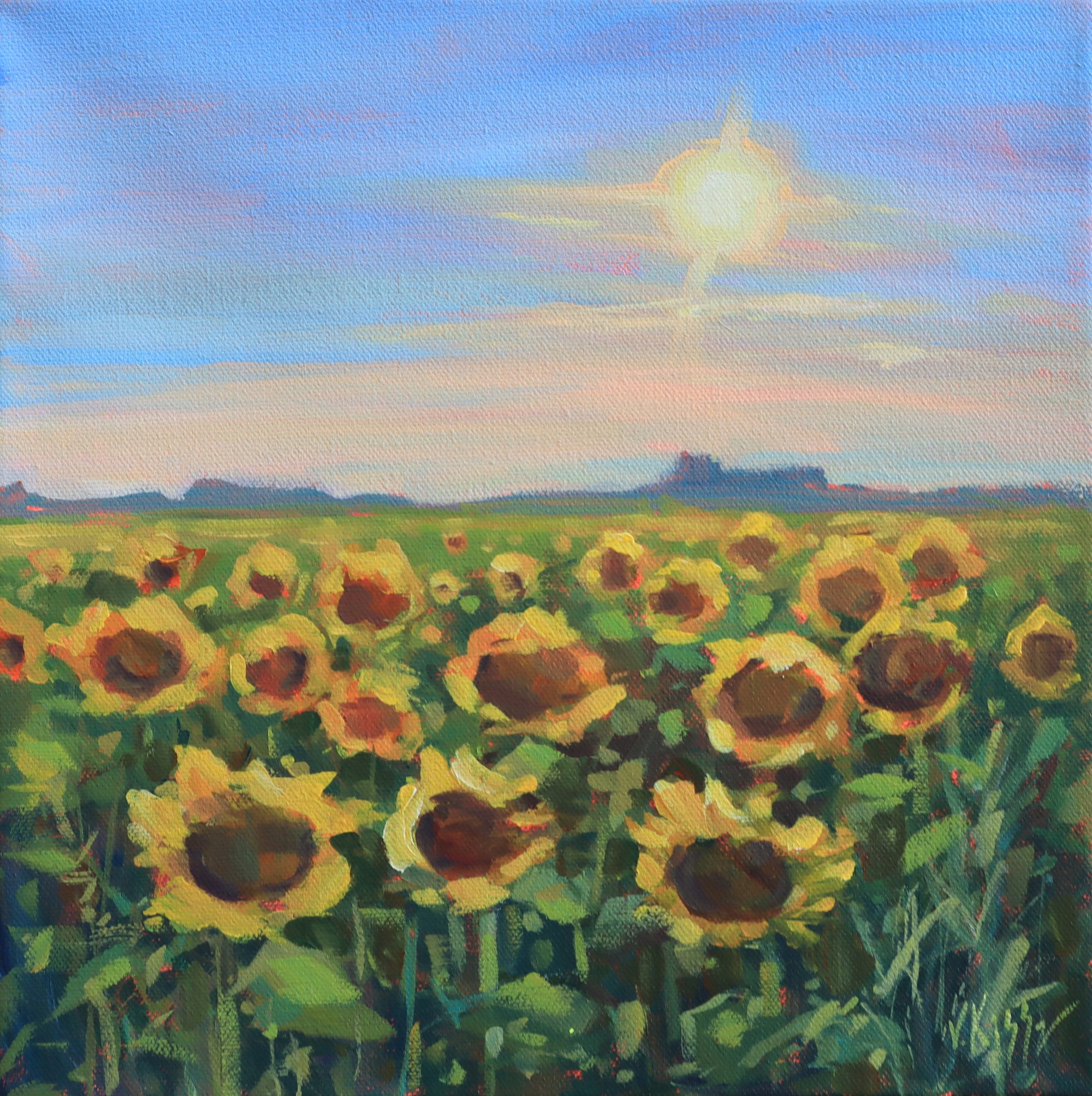 Sunflower Field during Sunset Acrylic painting on canvas 12"x12"