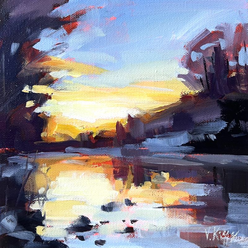 Abstract painting of a sunset over water with warm colors