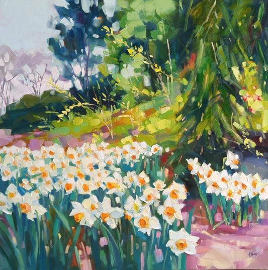 original oil painting on canvas modern impressionistic spring landscape white daffodils  