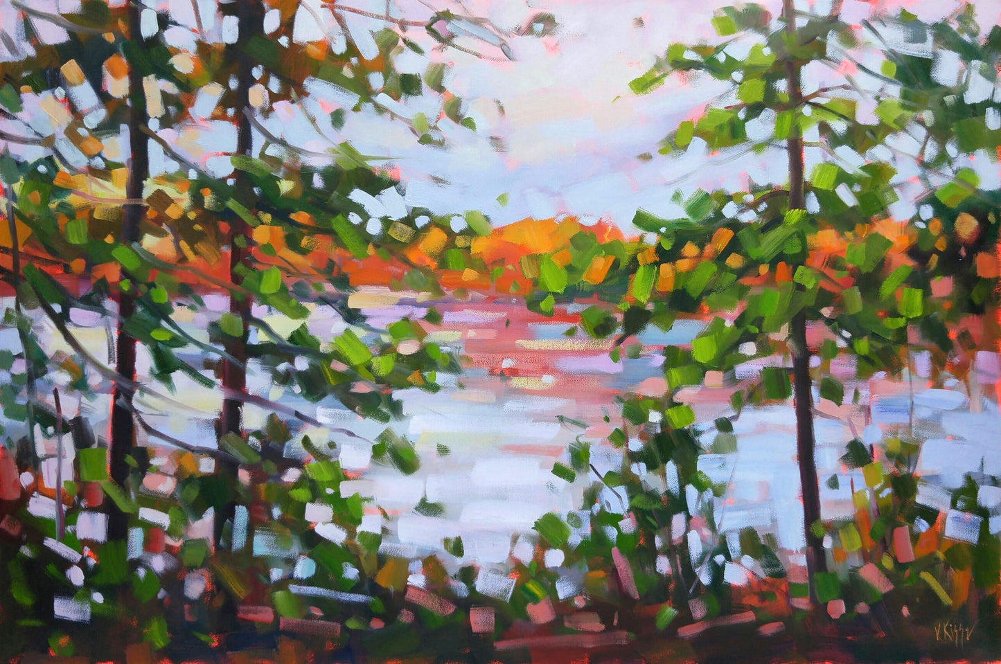 Original oil painting on canvas Modern impressionistic landscape Sunset on the lake by Vera Kisseleva