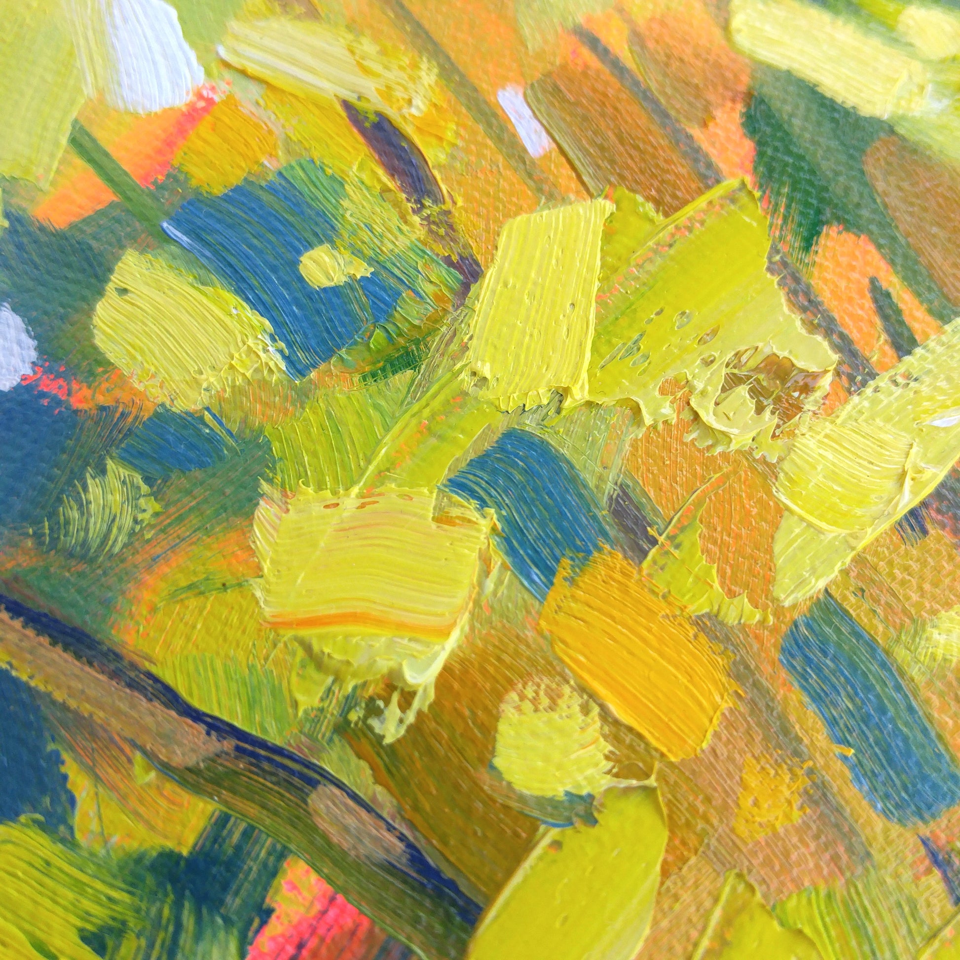 close up detail of original oil painting yellow and blue
