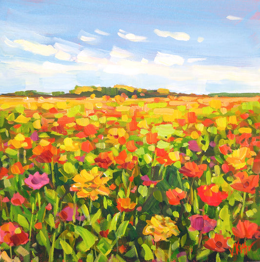Flower field original acrylic painting modern impressionistic landscape by Canadian artist Vera Kisseleva
