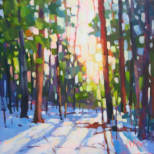 Original acrylic painting on canvas Modern impressionistic  Canadian Winter landscape winter sunset by artist Vera Kisseleva