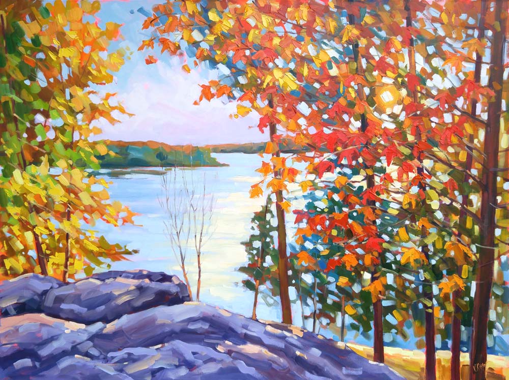 Original oil painting on canvas Large Autumn  Muskoka Landscape Sunset on the Lake by local artist Vera Kisseleva 